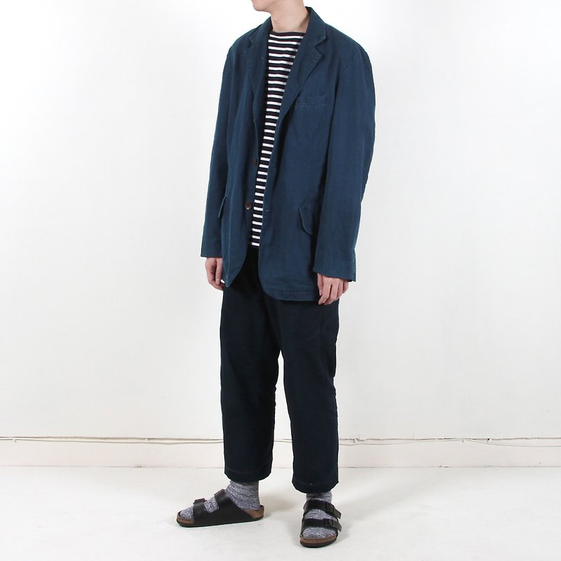 Vintage】 【egg plant cotton and linen blend wind style work jacket - เสื้อสูท/เสื้อคลุมยาว - ผ้าฝ้าย/ผ้าลินิน สีน้ำเงิน