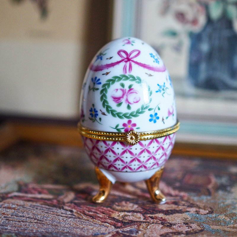 1980 French Vintage Pink Rose Ribbon Ceramic Egg Ornament - Other - Pottery Pink