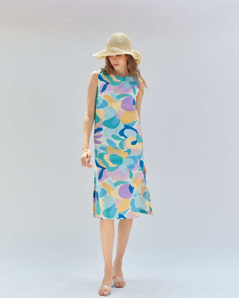 BIRUCHU SUMMER VIBES DRESS - 淺藍 碎花 長洋裝 - ワンピース - コットン・麻 多色