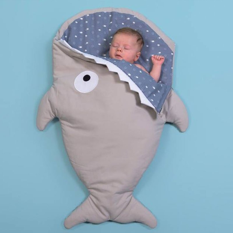 BabyBites鯊魚咬一口純棉嬰幼兒多功能睡袋-卡其灰藍 - 滿月禮物 - 棉．麻 灰色