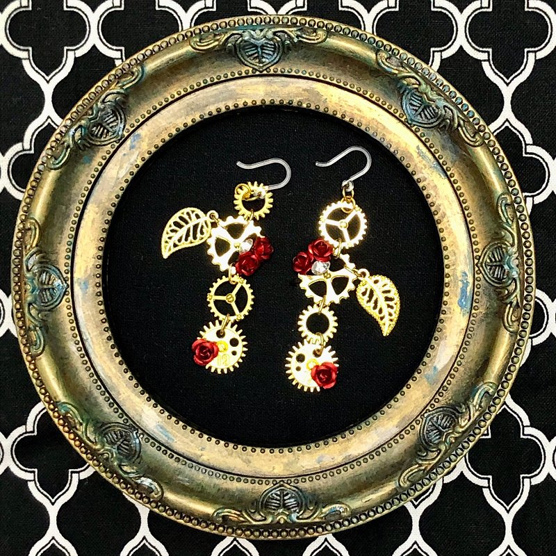Gears and Red Rose Earrings 7 - ต่างหู - โลหะ สีแดง