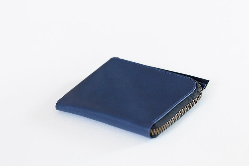 義大利藏青色植鞣革L型內夾層拉鏈零錢包 - 零錢包/小錢包 - 真皮 藍色