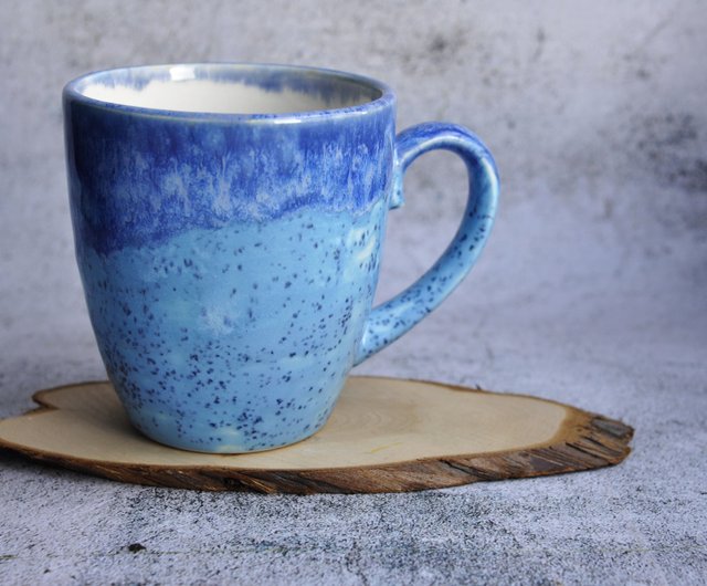 Dripped Blue Stoneware Mug With Handle, Stoneware Coffee Mug, Pottery –  Hands and fire