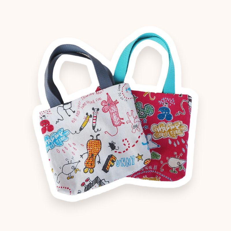 Mouse crayon print mini tote bag - กระเป๋าถือ - ผ้าฝ้าย/ผ้าลินิน 