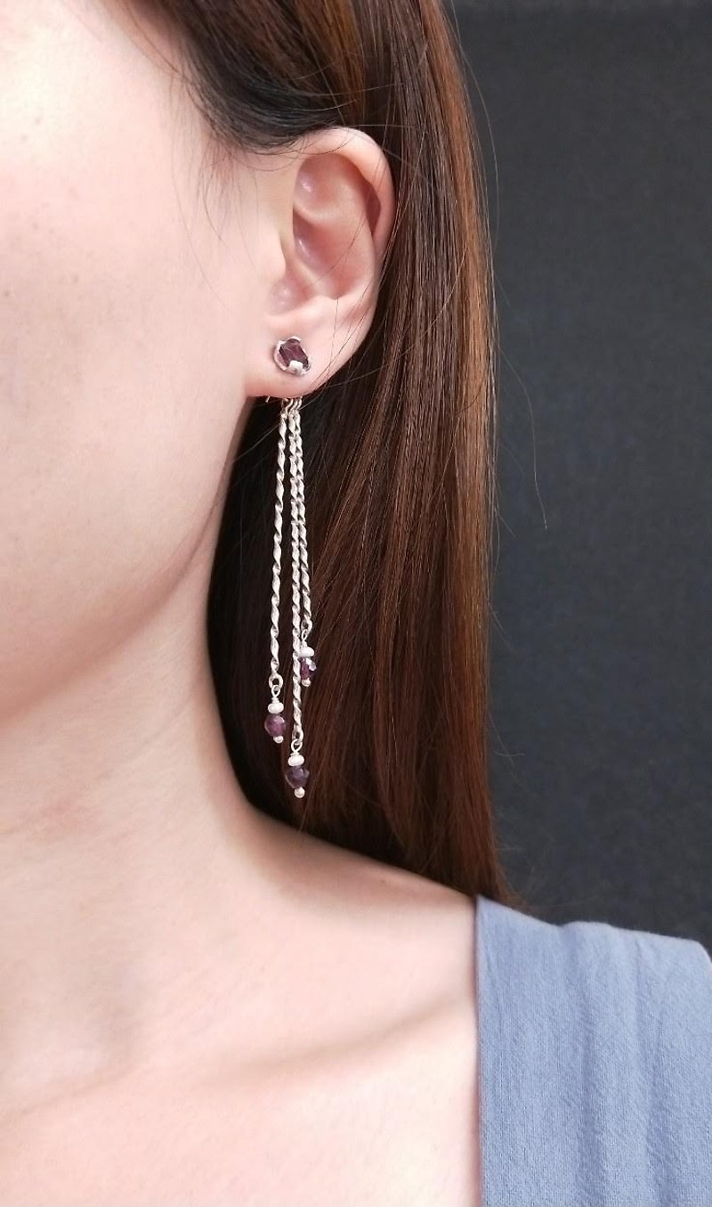 [The only product] red garnet * pearl sterling silver two way ear needle earrings - ต่างหู - เครื่องประดับพลอย สีเงิน
