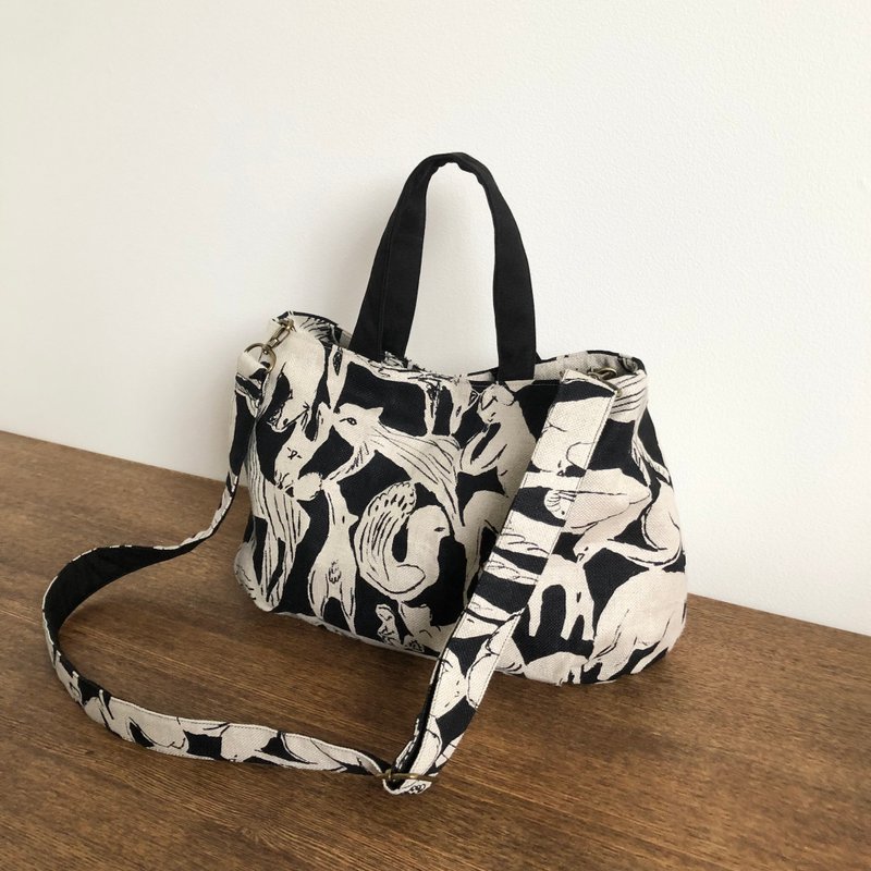 Plump tote bag by Mina Perhonen, Life Puzzle with matching strap, handmade - Handbags & Totes - Cotton & Hemp Black