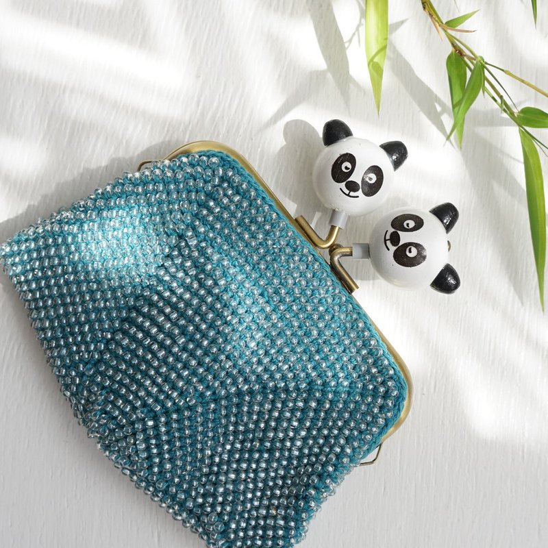 Ba-ba handmade Beads crochet square pouch No.1681 - 錢包/皮夾/長短夾 - 其他材質 藍色