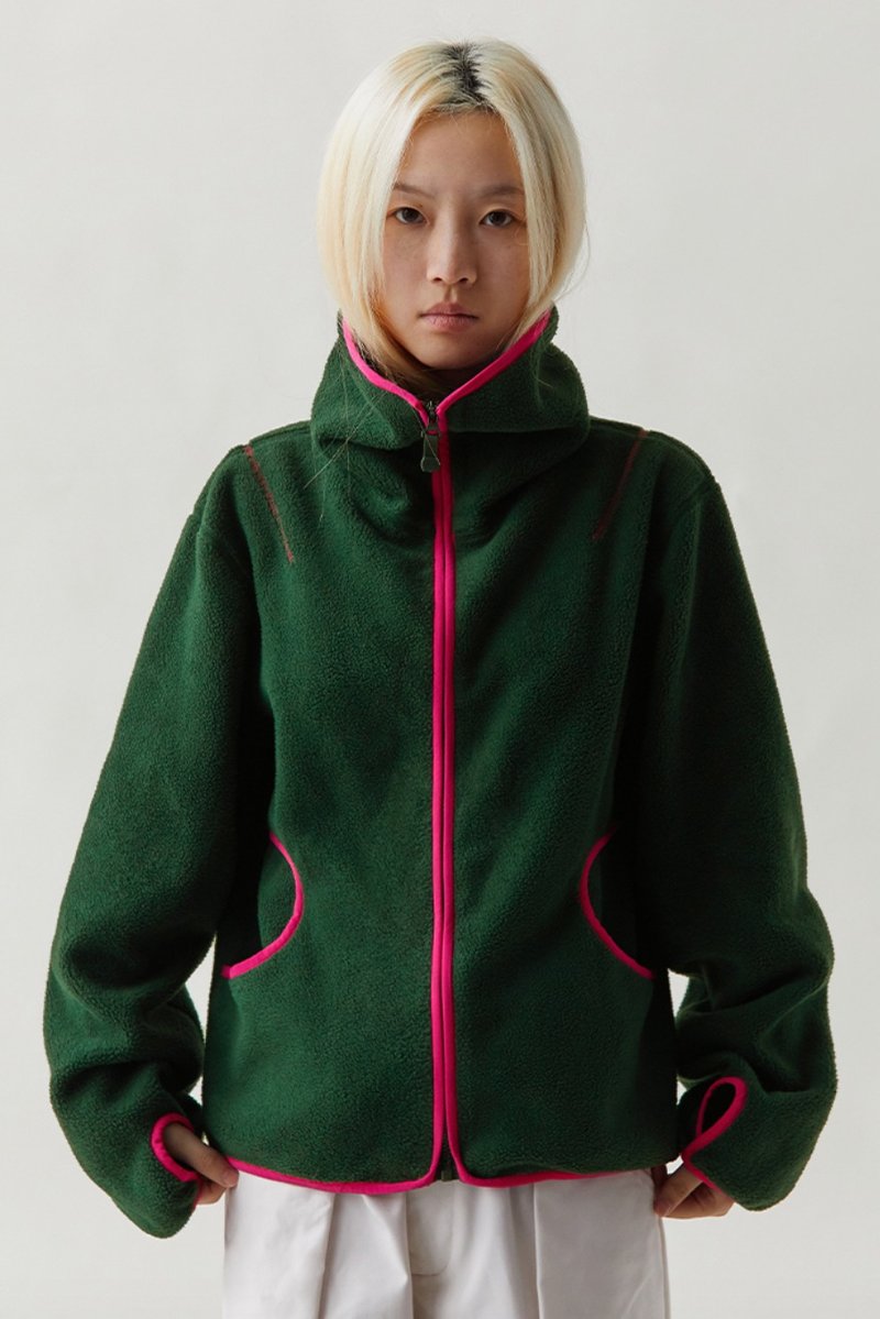 High Collar Fleece 撞色高領搖粒絨復古教練夾克 - 女上衣/長袖上衣 - 其他材質 綠色