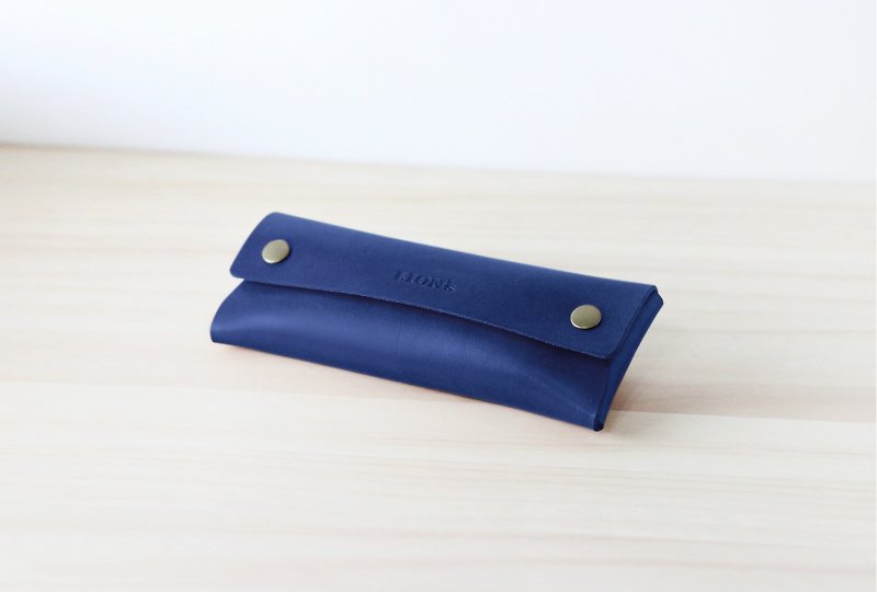 Spring Button Leather Pencil Case | Ocean Blue - กล่องดินสอ/ถุงดินสอ - หนังแท้ สีน้ำเงิน