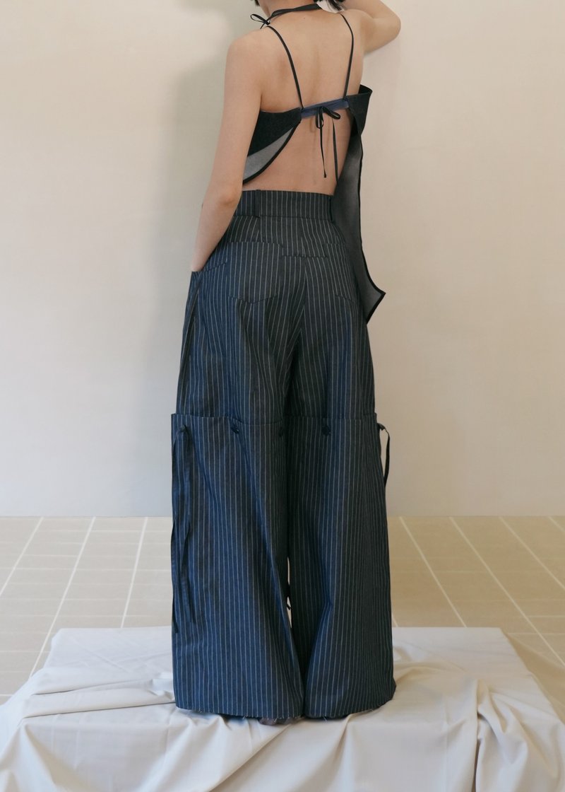 Banded wide pants/blue and white stripes - กางเกงขายาว - ผ้าฝ้าย/ผ้าลินิน สีน้ำเงิน