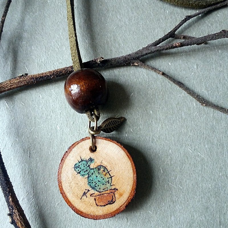 Hand-painted necklace/pendant (cactus) - Necklaces - Wood Multicolor