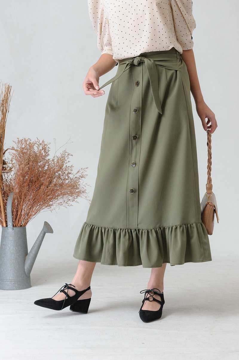 LANZONA Light and luxurious ruffled midi skirt-1A16 - กระโปรง - เส้นใยสังเคราะห์ 