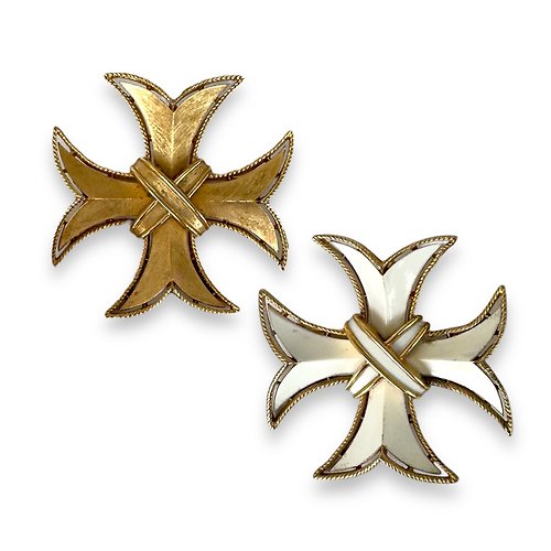 Elena Michel Vintage Vintage Trifari 2 Maltese crosses Gold and White enamel Excellent! signed 1960's