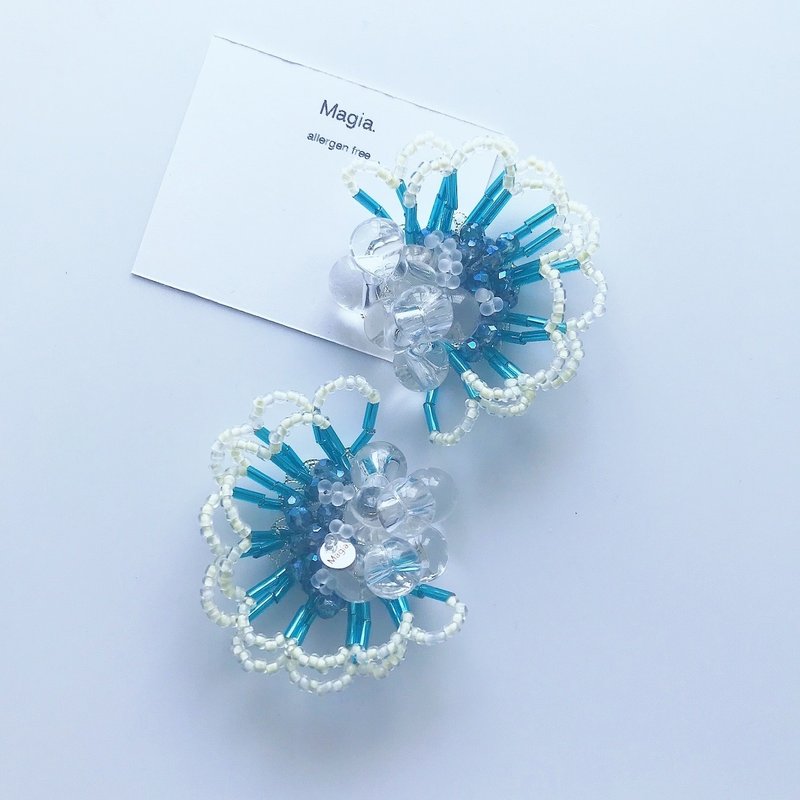 71017—— miwaku—— Miwak—— Frilled bead pierced earrings——Cream*Emerald - ต่างหู - แก้ว สีเขียว