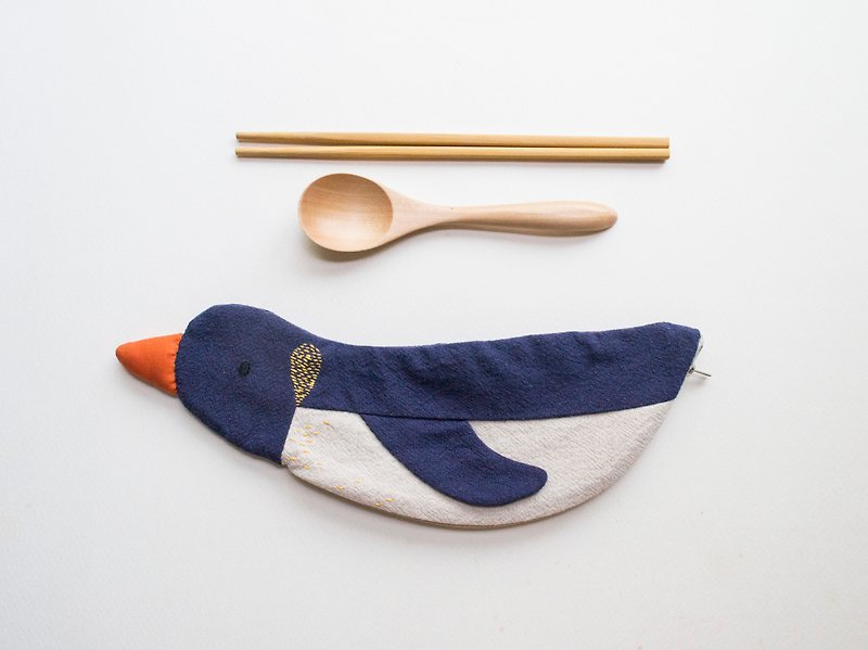 Penguin travel cutlery pouch case - Navy - Chopsticks - Cotton & Hemp Multicolor