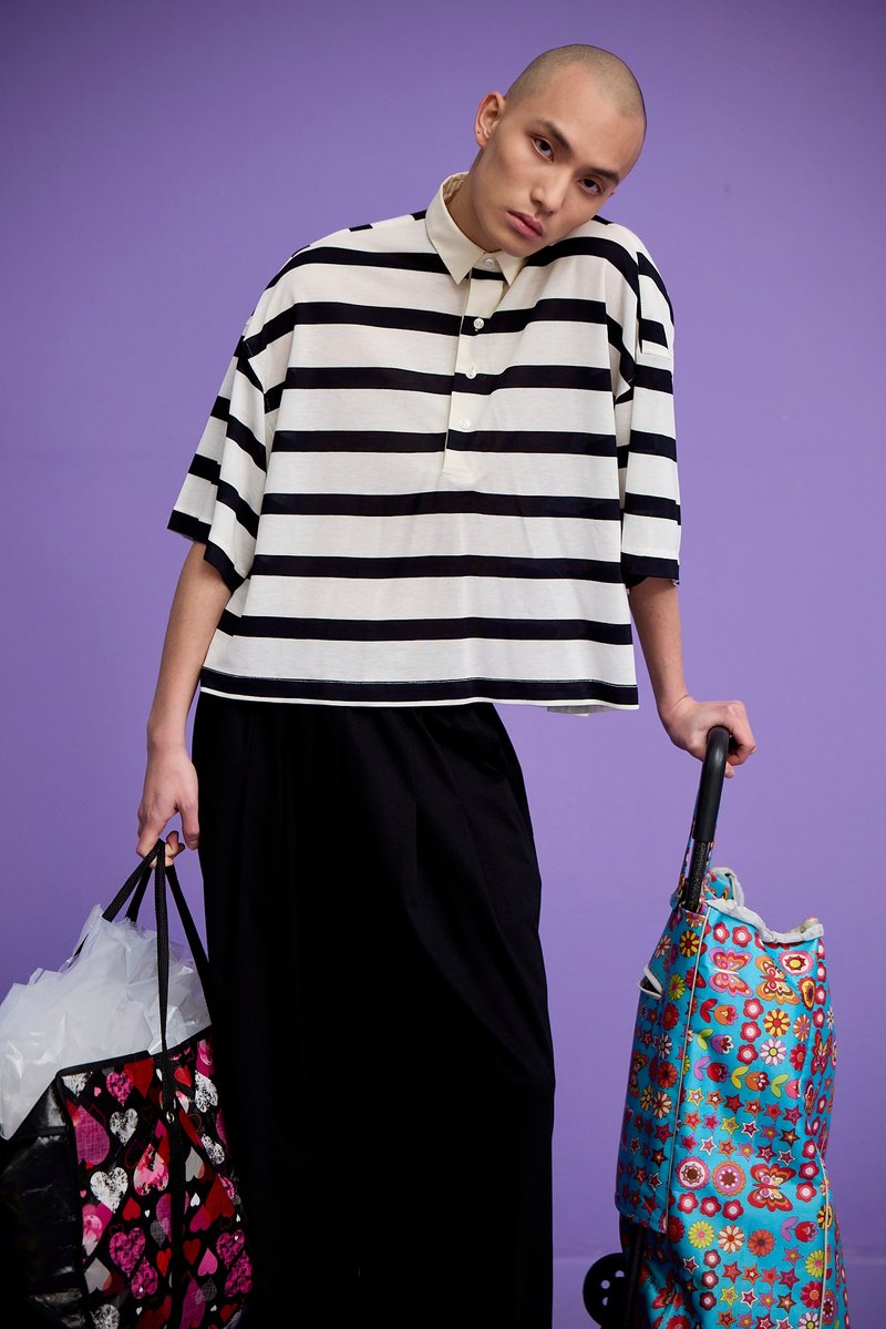 半門襟五分袖上衣 - 男襯衫/休閒襯衫 - 其他材質 黑色