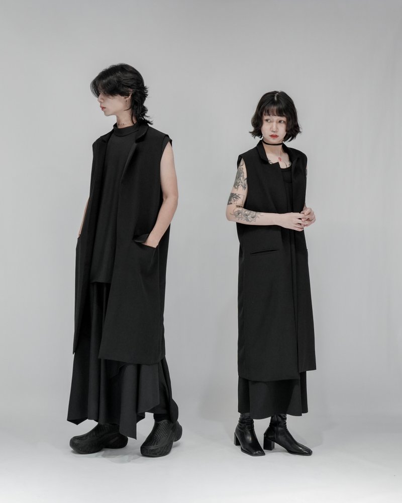 MUKK DESIGN 多變領長版西裝背心 - 男西裝外套 - 聚酯纖維 黑色