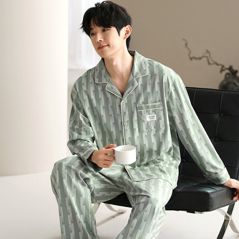 Pink Lady 男款 晨霧青影 長袖成套睡衣 棉質秋冬兩件式居家服 - 睡衣/居家服 - 其他人造纖維 綠色