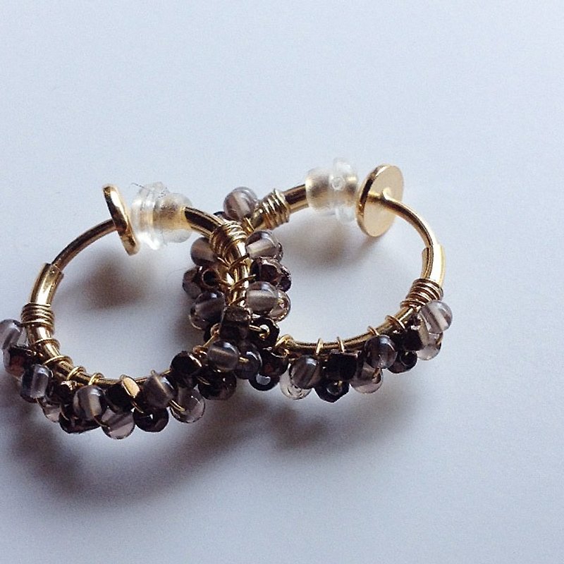 Smoky Quartz + Antique Beads Hoop Earrings Ear In - Earrings & Clip-ons - Paper Brown