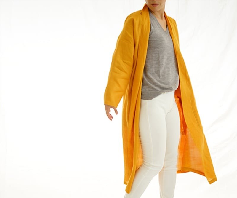 Long length medium thick Belgian linen shawl robe / Indian yellow b14-10 - Other - Cotton & Hemp Yellow