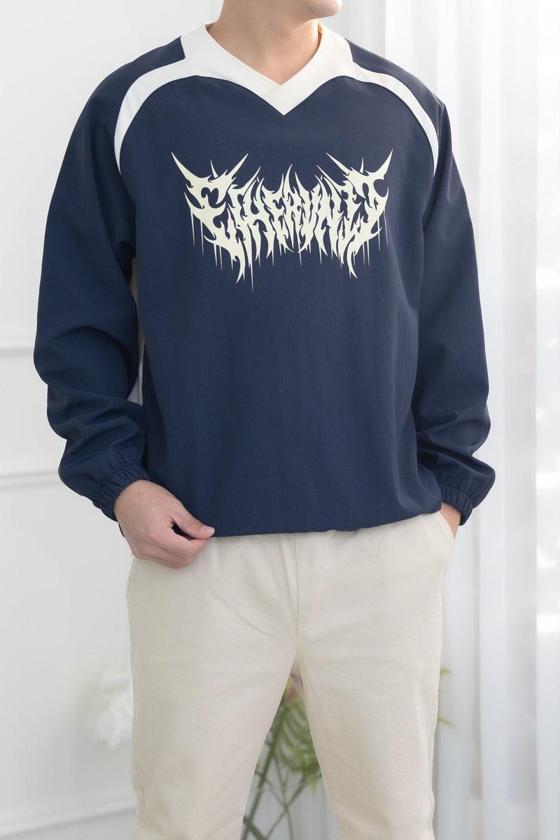 拼色短刷毛下擺束繩長袖上衣 海軍藍拼米色 - 帽T/大學T - 其他材質 藍色