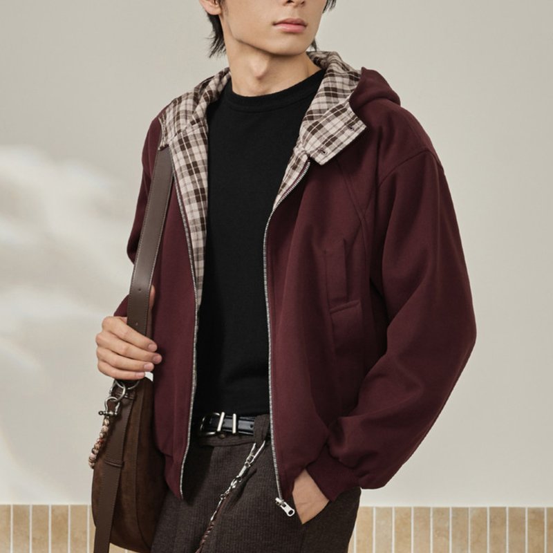 【雙面穿格紋】森系復古 拼接結構連帽衛衣/絨感磨毛學院風外套 - 男裝外套/大衣 - 其他材質 多色
