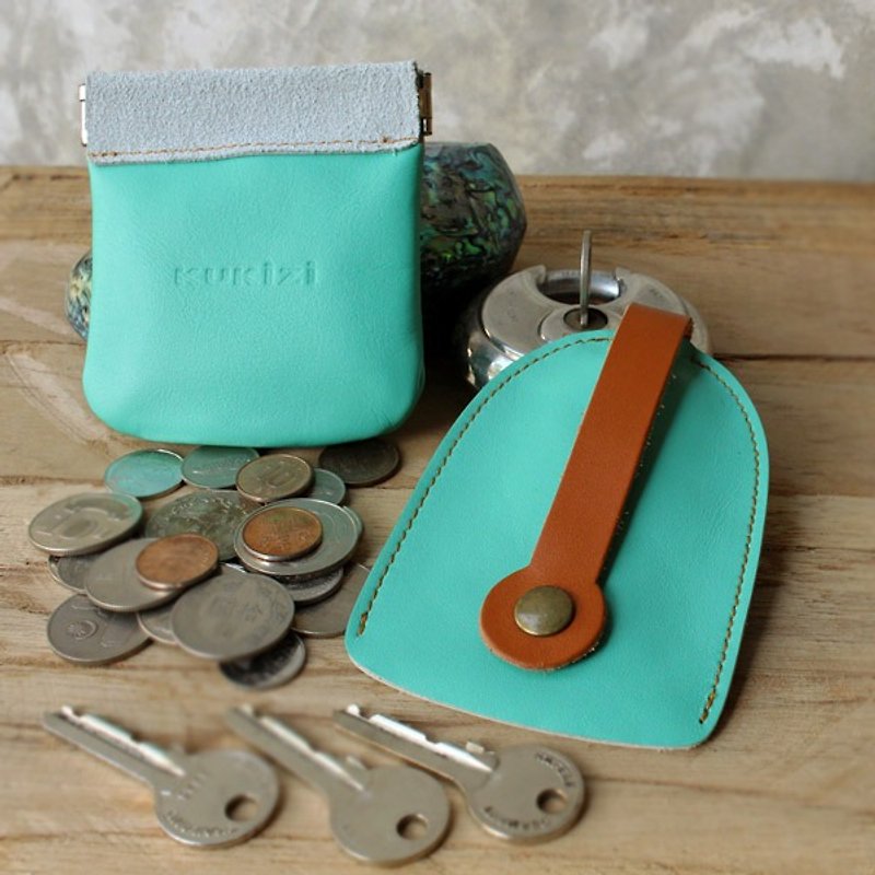 Set of Coin Bag & Key Case - Pastel Green + Tan Strap (Genuine Cow Leather) - Coin Purses - Genuine Leather 