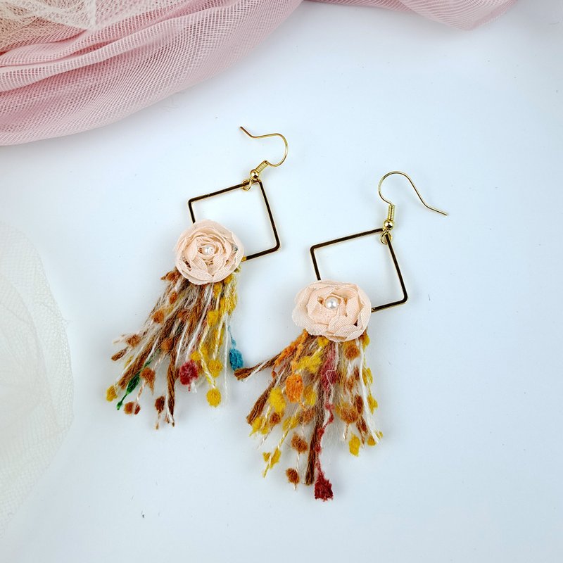 Tassel earrings gauze earrings 14K gold earrings Clip-On EAR-096 - Earrings & Clip-ons - Other Metals Pink