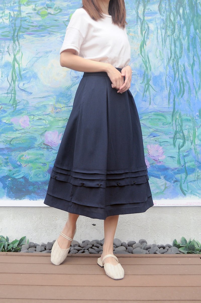 Ingrid Skirt 深藍色飾鈕褶褶半截裙 - 裙子/長裙 - 其他人造纖維 