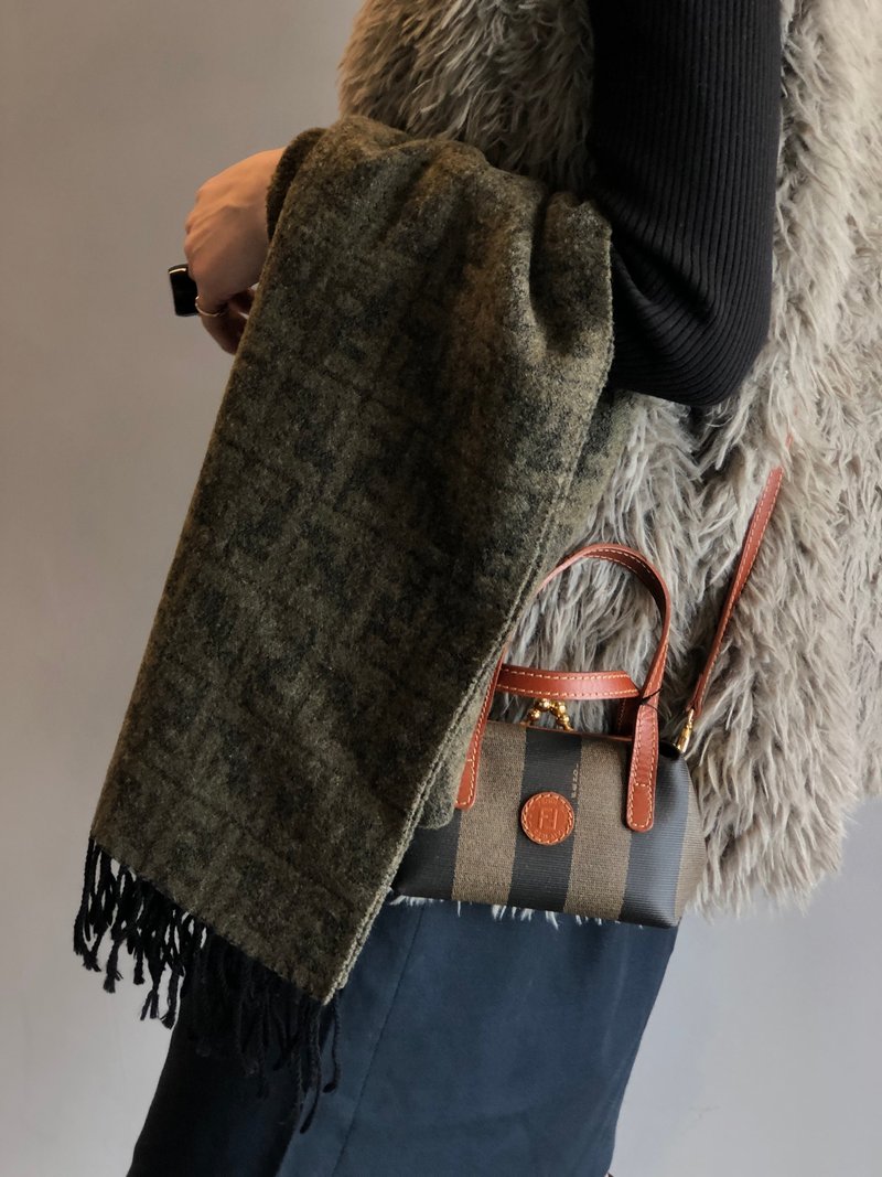 【Direct from Japan Luxury Pre-owned Bag】FENDI Fendi Zucca Scarf Khaki Wool Vintage Old 6s46dp - ผ้าพันคอถัก - ขนแกะ สีกากี