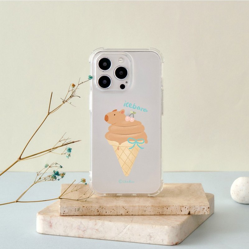 Chagao Illustration Capybara Ice Cream Full Airbag Anti-fall iPhone Case - เคส/ซองมือถือ - พลาสติก สีใส