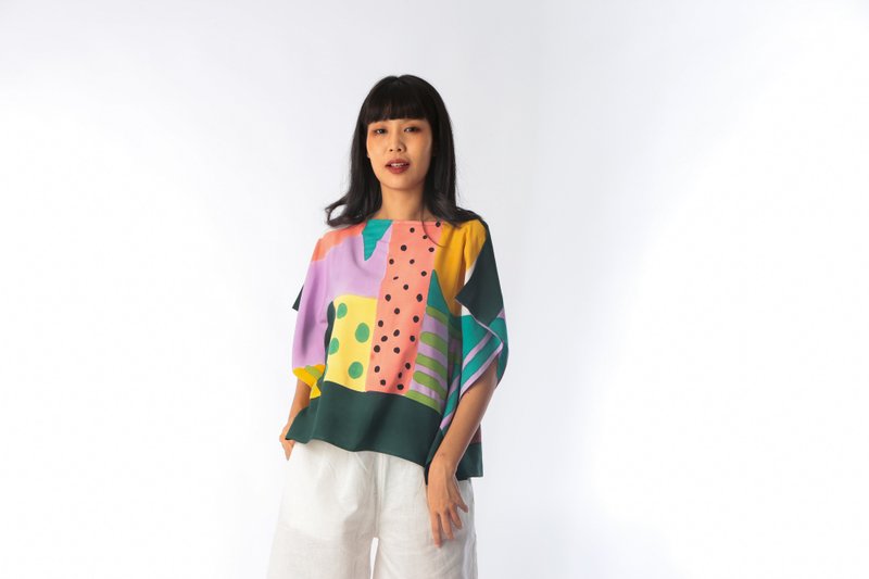 Poncho Blouse Cotton Rayon Hand paint For Summer Beach Vacation - 女上衣/長袖上衣 - 棉．麻 綠色