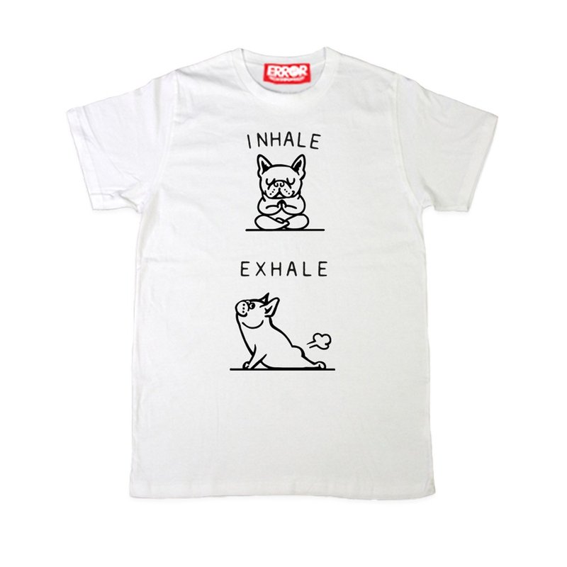 PUG Life • Inhale Frenchie ( White ) • Unisex T-shirt - เสื้อยืดผู้ชาย - ผ้าฝ้าย/ผ้าลินิน ขาว