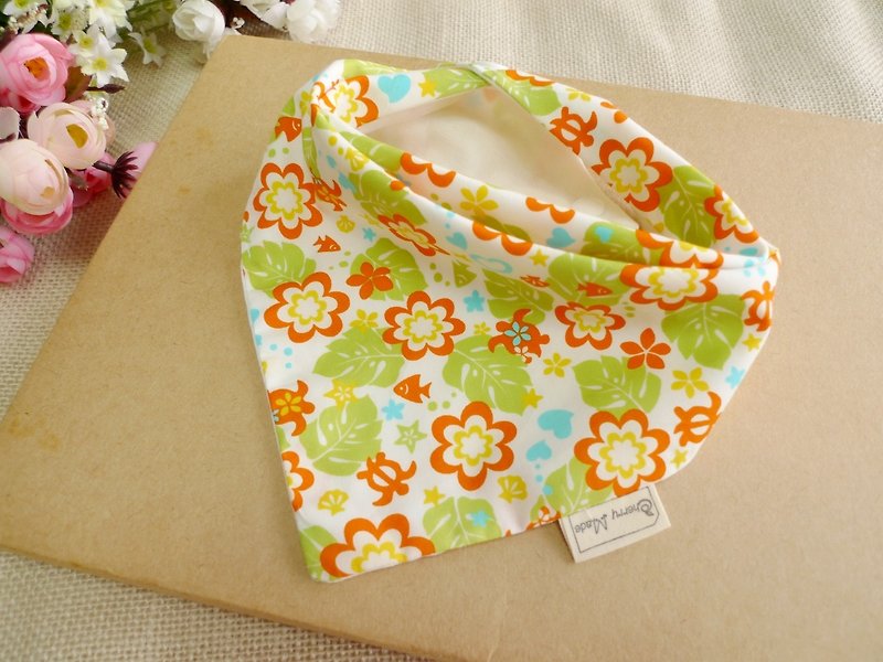 三角口水巾-花兒朵朵 - 圍兜/口水巾 - 棉．麻 橘色