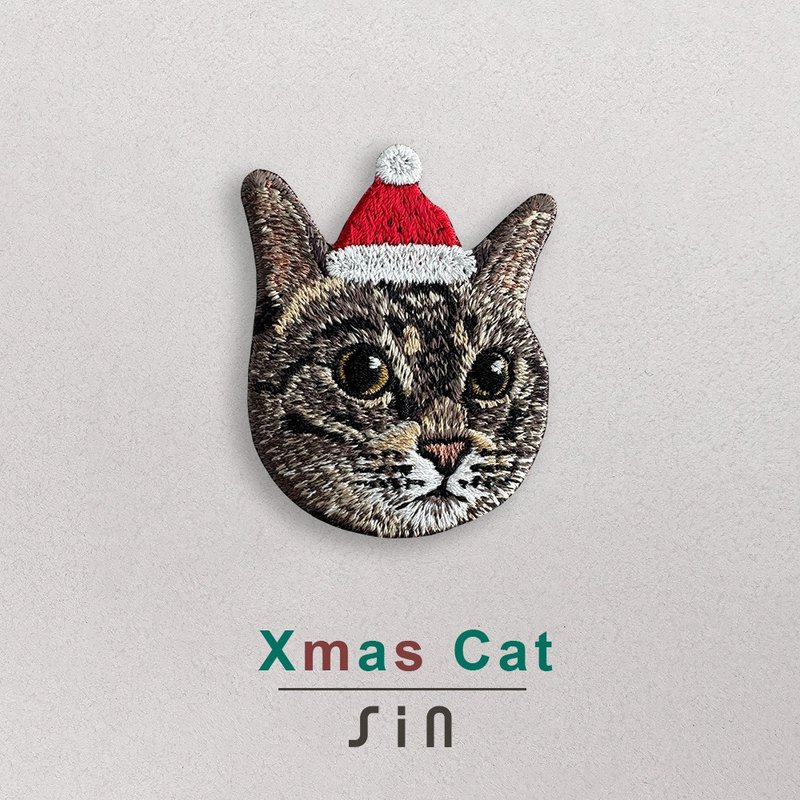 シングルカード クリスマスの子猫 - 刺繍ステッカー - 大きな目のキジトラ猫 (XHC0017) - ステッカー・シール - 刺しゅう糸 レッド