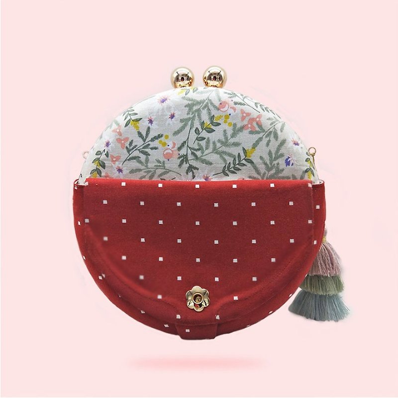 Exclusive dream of a sea of flowers, double pockets, double-sided small round bag, shoulder bag, portable small round bag, gift gold bag - กระเป๋าแมสเซนเจอร์ - ผ้าฝ้าย/ผ้าลินิน สีแดง