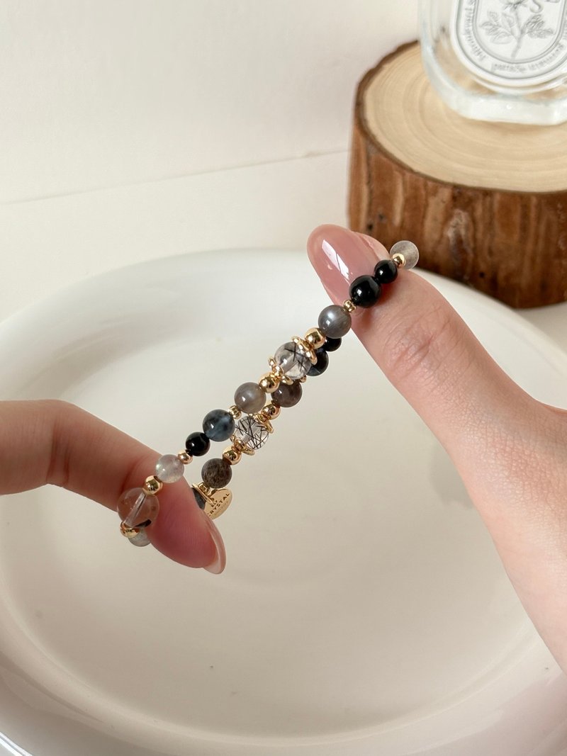 /秋夜/避邪 溝通黑髮晶 黑金骨幹 魔鬼海藍寶 黑碧璽 拉長石 閃靈 - 手鍊/手環 - 水晶 黑色