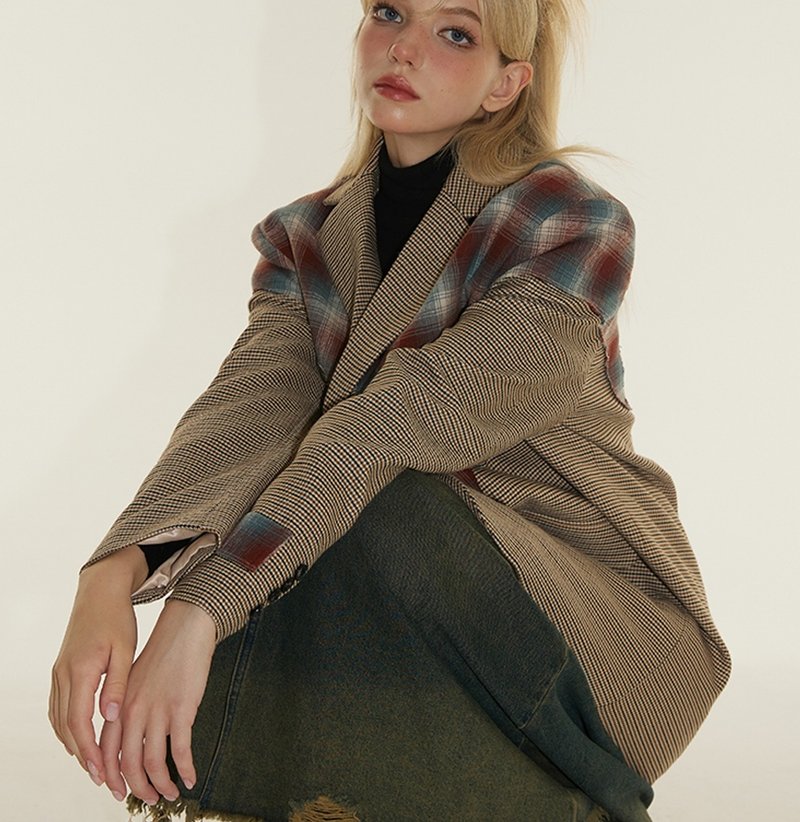 American retro plaid patchwork loose suit jacket cotton jacket - เสื้อผู้หญิง - วัสดุอื่นๆ สีนำ้ตาล