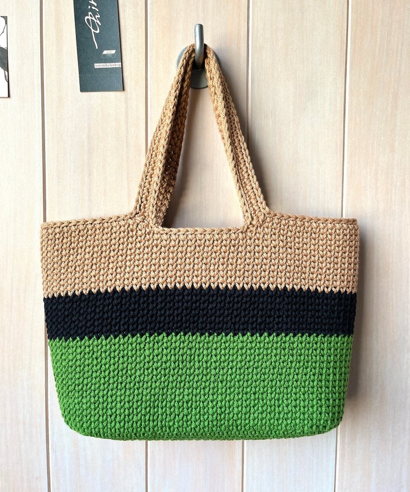 Camouflage style color block natural coarse cotton yarn crochet bag - Handbags & Totes - Cotton & Hemp 