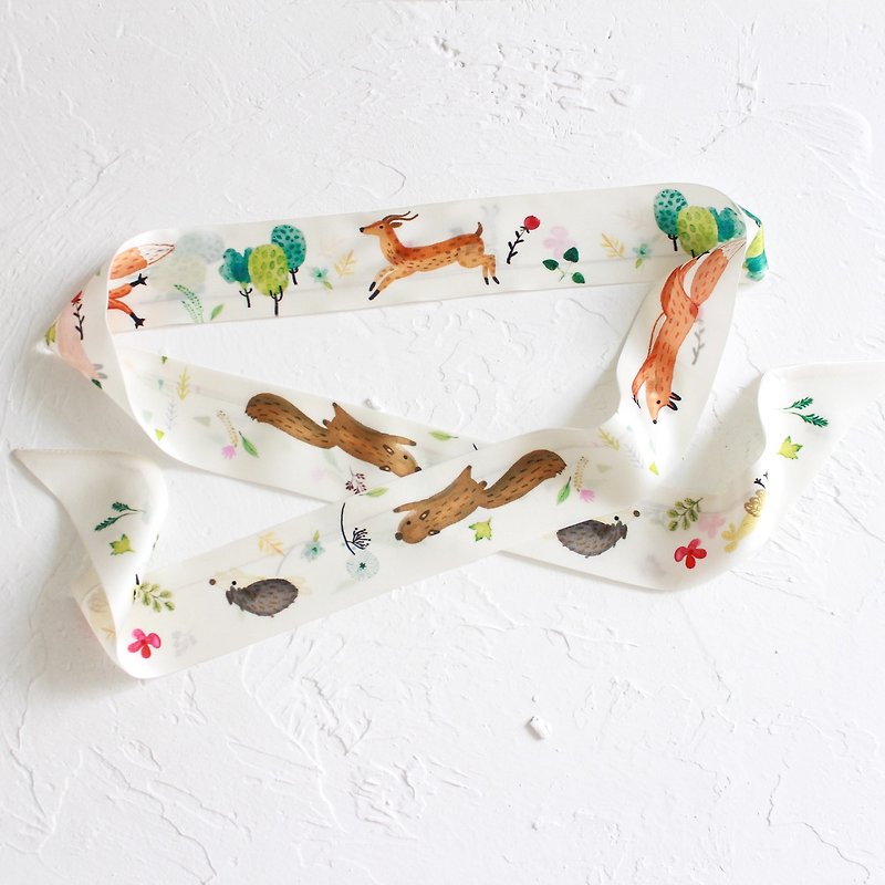 Animals Long Silk Scarf / Green Headband I Story_Forest Daily - Scarves - Silk White