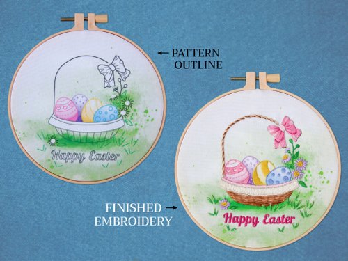 ペイントされた背景布にバスケットに入ったイースターエッグの DIY 手刺繍。 刺繍キットには、ツール、消耗品、ビデオチュートリアルが含まれています。 - 編み物/刺繍/羊毛フェルト/裁縫 - 刺しゅう糸 多色