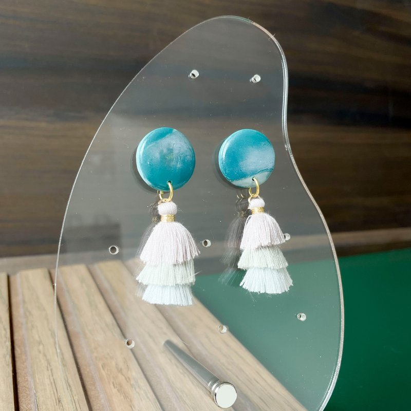 Turquoise white pearl tail tassel stud earrings - Earrings & Clip-ons - Other Materials Multicolor