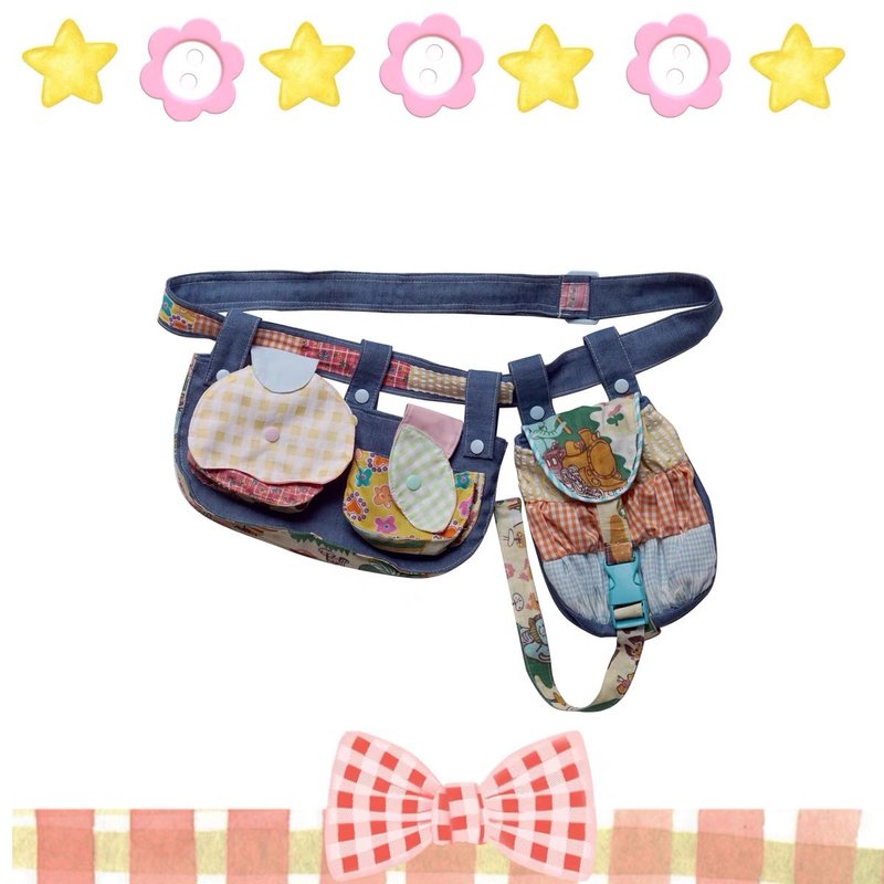 Candy sandwich pie multi-use irregular denim splicing crossbody bag waist bag - กระเป๋าแมสเซนเจอร์ - ผ้าฝ้าย/ผ้าลินิน สีน้ำเงิน