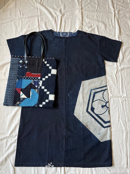 Aomori 日本古布藍染家紋連身裙