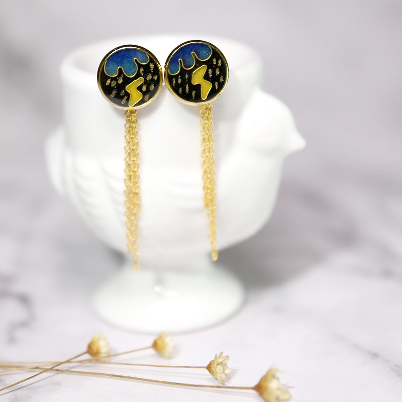 100% Handmade Cloisonne Craft Gold Enamel Earrings Jewelry Exclusive Design Stud Earrings - ต่างหู - เครื่องประดับพลอย สีดำ