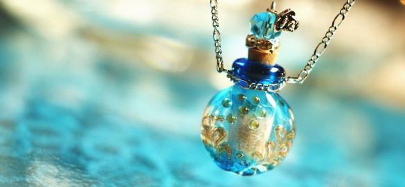 Perfume Bottle Pendant / Round Blue - Necklaces - Glass Blue