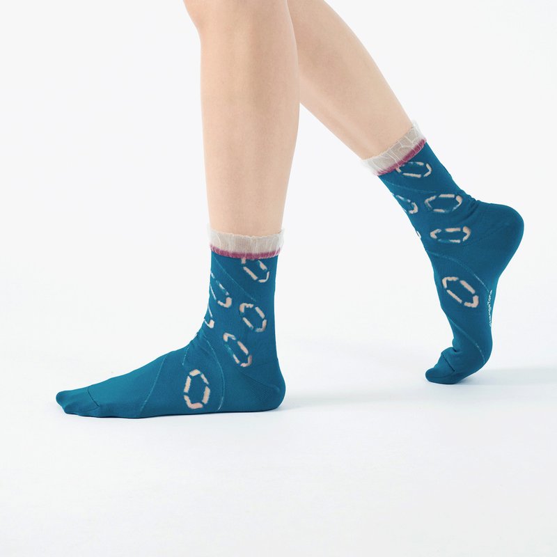 Gemstone Museum/ Teal(M)-MIT Design Transparent Mid-calf Socks - ถุงเท้า - ผ้าฝ้าย/ผ้าลินิน สีน้ำเงิน