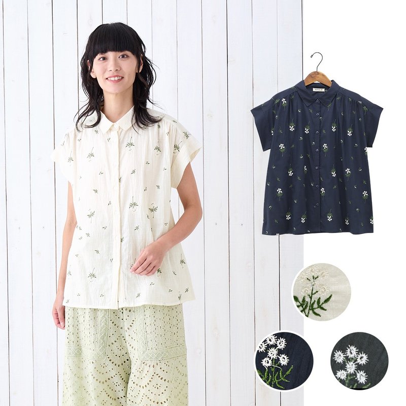 【預訂】印度製 花朵刺繡短袖襯衫 - 女上衣/長袖上衣 - 棉．麻 藍色