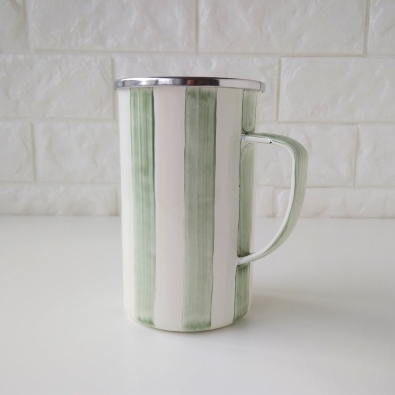 藤蔓綠條紋琺瑯馬克杯 | 650ml - 咖啡杯 - 琺瑯 綠色
