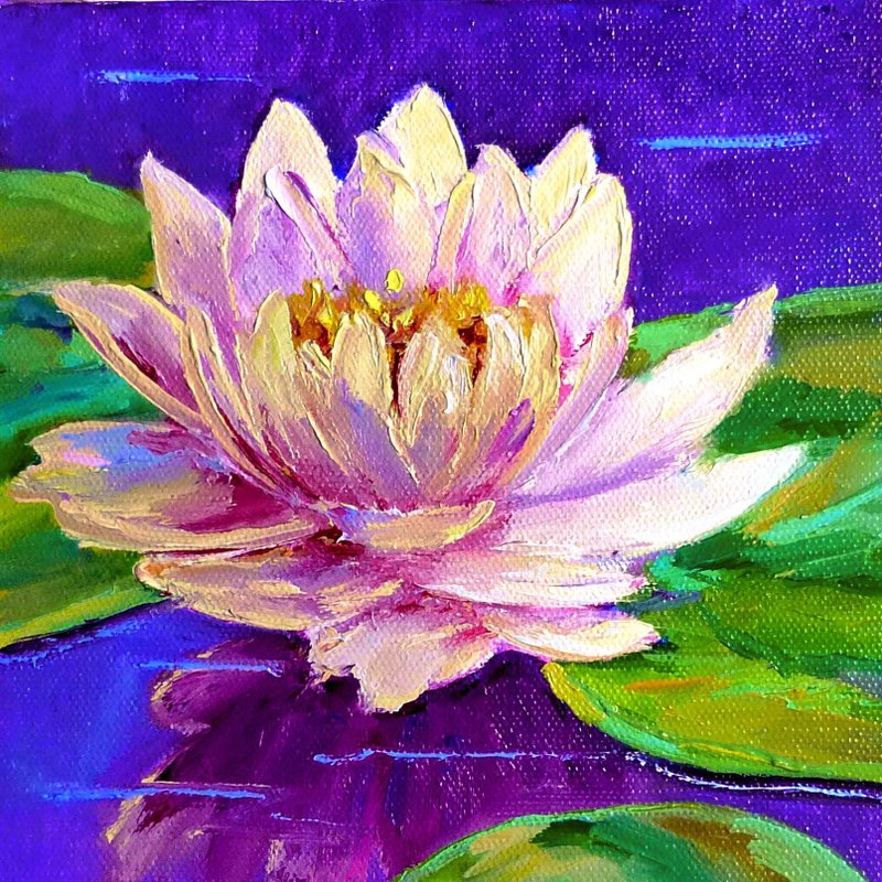 Water lily oil painting on canvas - original art - small floral painting - 牆 - 海報/掛畫/掛布 - 棉．麻 粉紅色